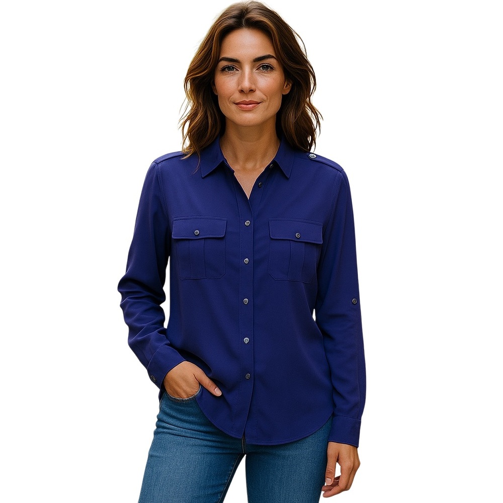 Calvin Klein Women Large Navy Purple Button Down L/S Roll Tab Blouse Top - Picture 1 of 12